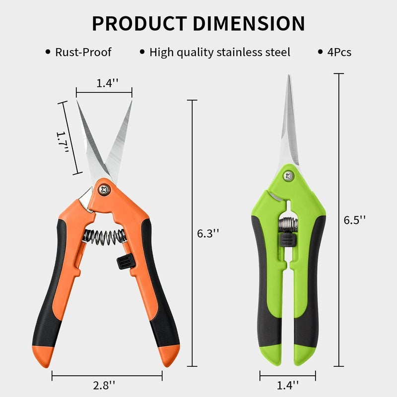 Drametic+ 4 Pack Garden Pruning Shears, Stainless Steel Shears, Gardening Shears Scissors Pruning Shears for Gardening Tools (2pcs Green+2pcs Orange) - Image 2